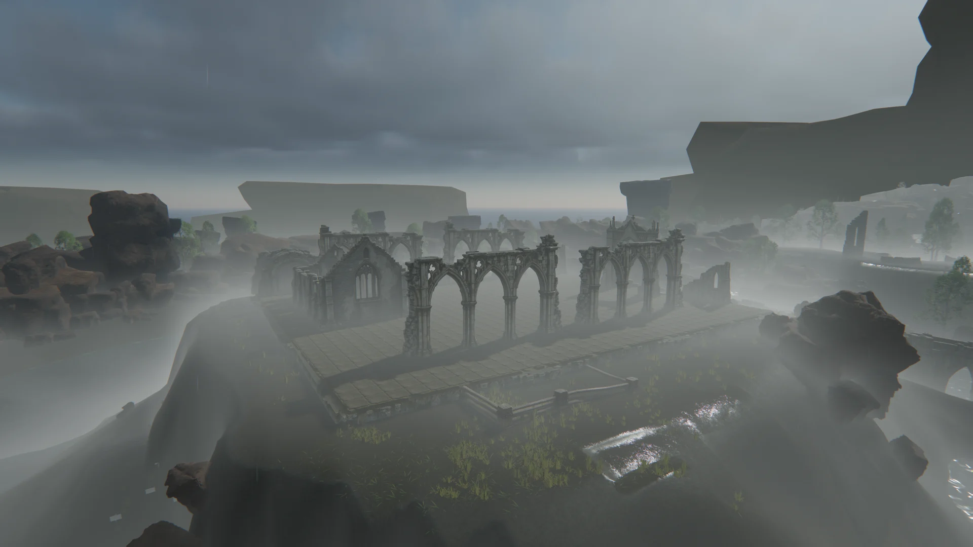 The ruined arcades of Hollowmere Abbey overlook the surrounding water.
