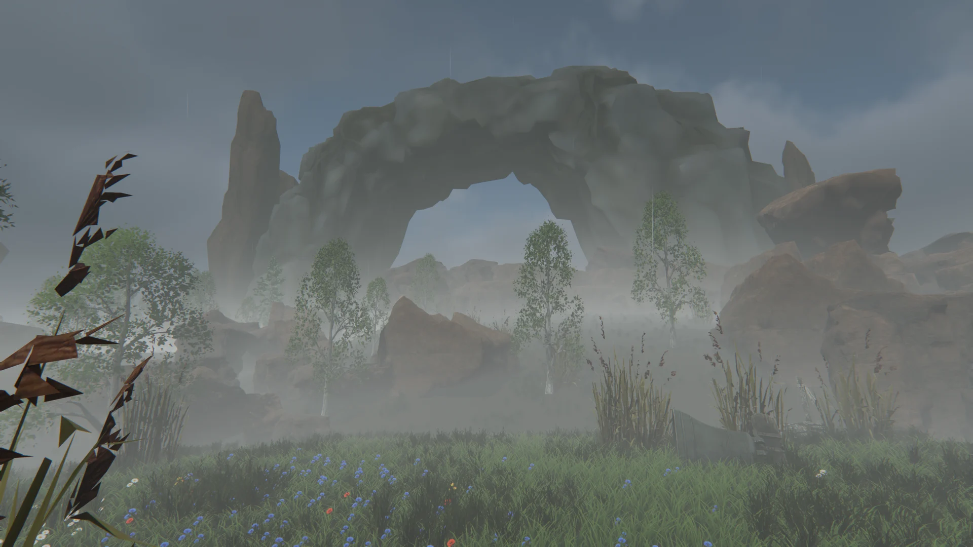 A monumental natural stone arch towers above Greywake’s mist and wildflowers.