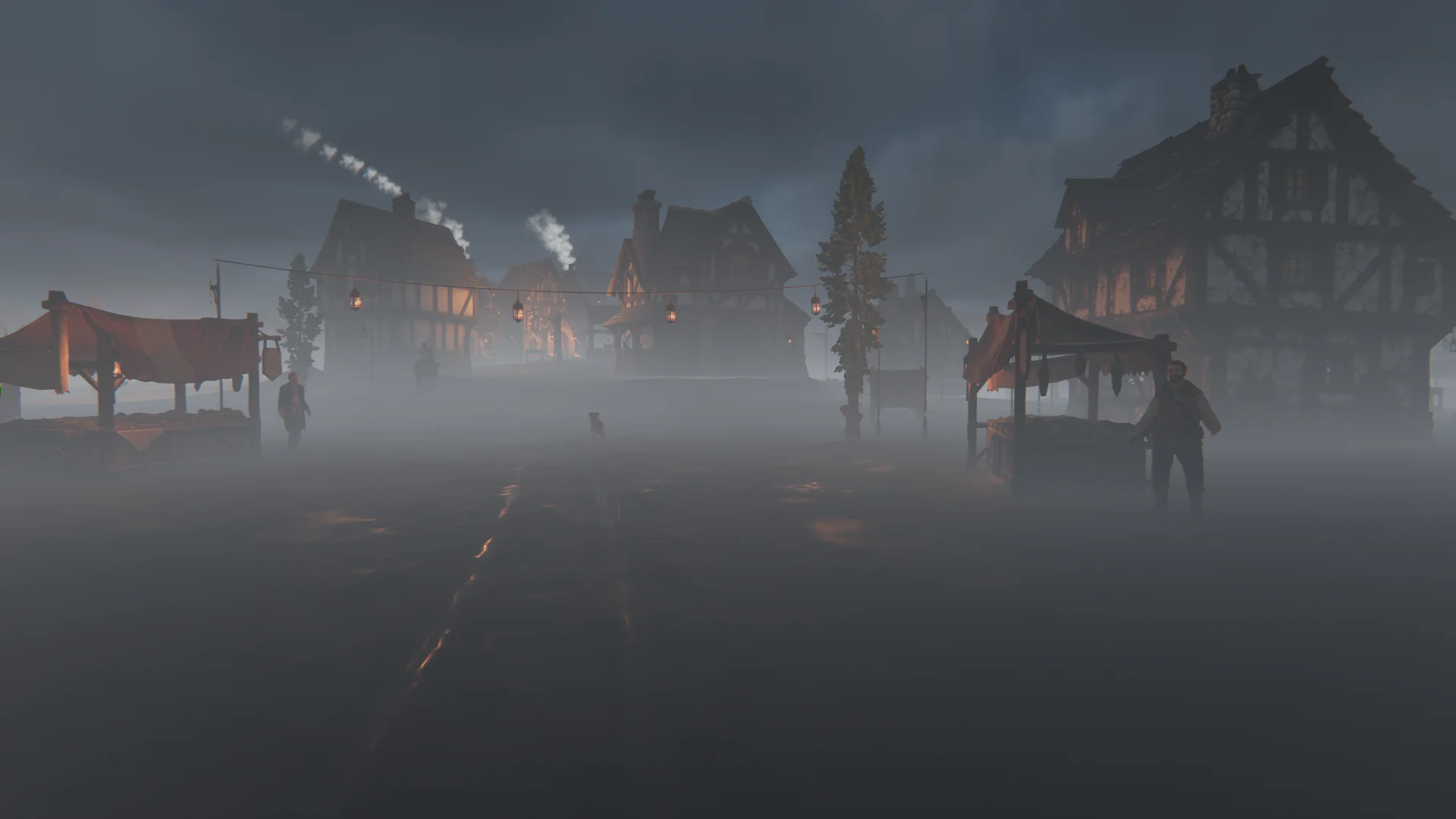 Warm lanterns and chimney smoke along Wickford’s misty evening market.